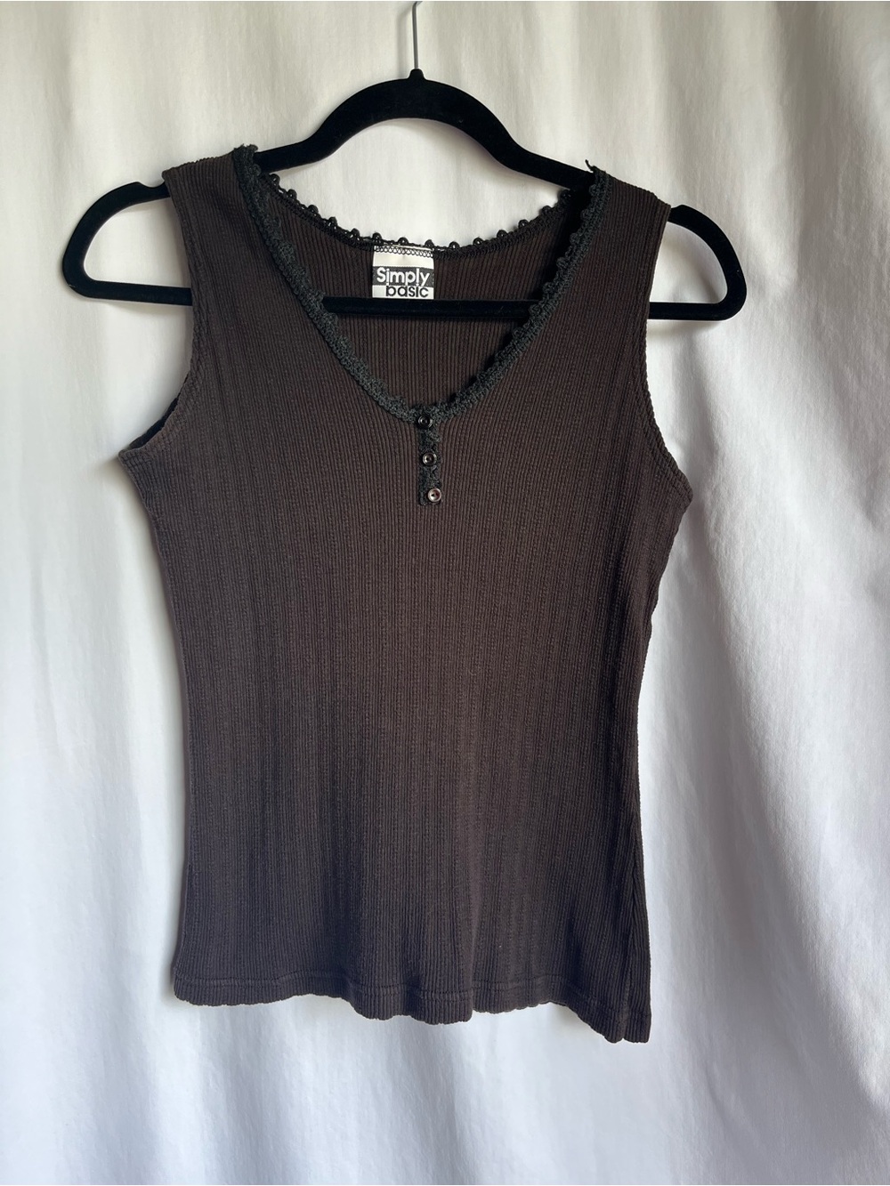Vintage Simply Basic Chocolate Brown Ribbed Lace-Trim Tank Y2K